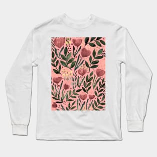 Watercolor flower garden - dusty pink and olive on pink background Long Sleeve T-Shirt